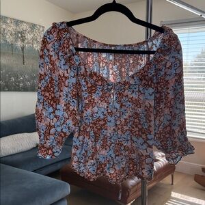 Free People Floral Blouse - Blue and Brown